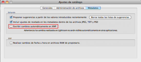 Ventana de configuración del guardado automático de metadatos del XMP